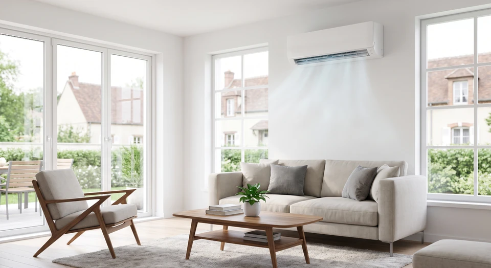 Intérieur de salon lumineux avec climatiseur réversible mural en fonctionnement diffusant de l'air frais, pièce aux murs blancs, mobilier moderne confortable, lumière naturelle abondante transmettant une sensation de bien-être et de fraîcheur.